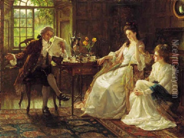 The First Audience: Oliver Goldsmith Reading She Stoops To Conquer To Little Comedy And The Jessamy Bride Oil Painting - Margaret Isabell Dicksee