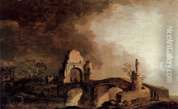 Mondbeschienene Fluslandschaft Mit Steinerner Bogenbrucke, Verfallenem Torbogen Und Figuren Oil Painting - Basilius Grundmann