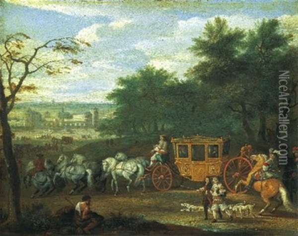 Louis Xiv Arrivant Au Chateau (de Vincennes?) Oil Painting - Jan van Huchtenburg