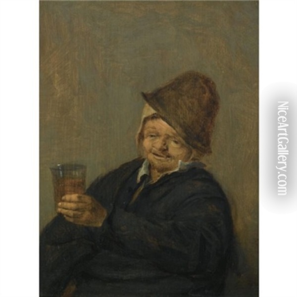 A Study Of An Elderly Peasant, Seated, Holding A Beer Glass Oil Painting - Adriaen Jansz van Ostade