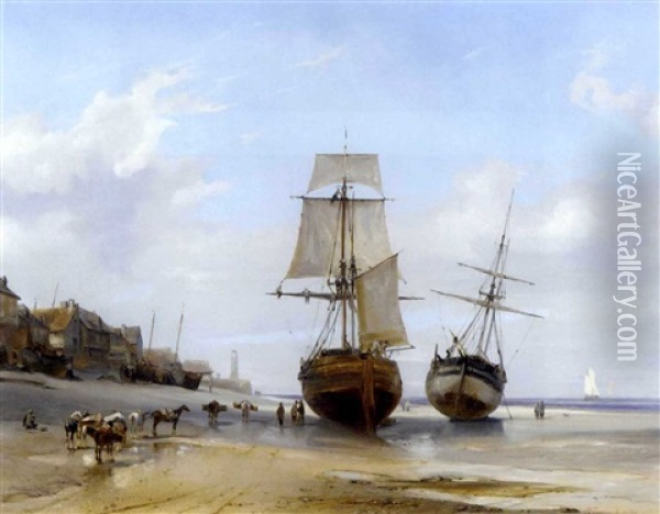 Bateaux Echoues (honfleur, Low Tide) Oil Painting - Louis-Gabriel-Eugene Isabey