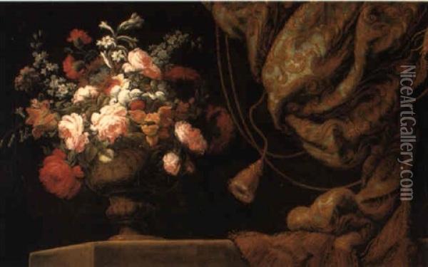 Roses And Other Flowers In A Terracotta Vase On A Stone Ledge With A Curtain Oil Painting - Antonio Gianlisi