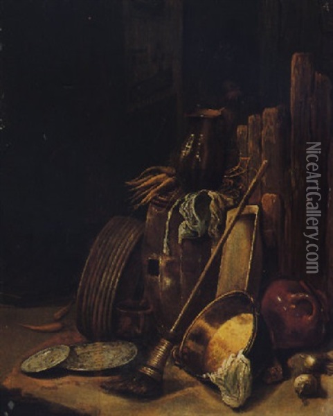 Still Life Of A Broom, Carrots, Turnips, Jugs And Pewter Vessels In A Courtyard, With A Man Peering Through A Window Beyond Oil Painting - Egbert Lievensz van der Poel