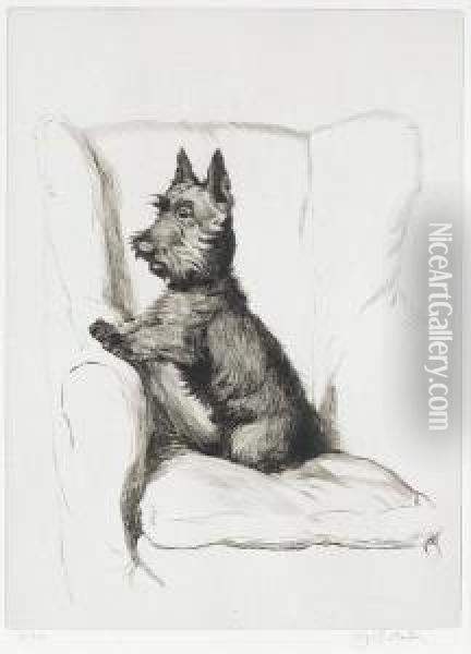 A Scottish Terrier In An Armchair Oil Painting - Cecil Charles Aldin