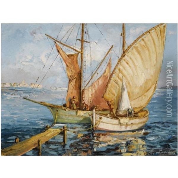 Two Ships By The Quay Oil Painting - Georgi Alexandrovich Lapchine