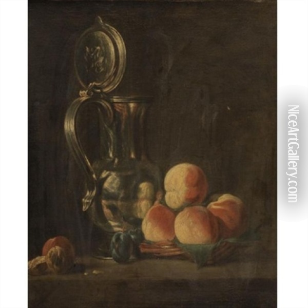 Still Life Of Fruits And A Silver Pitcher Oil Painting - Jean-Baptiste-Simeon Chardin