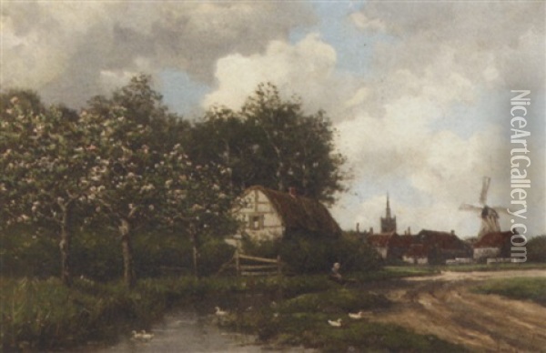 A Village By A Stream In Spring Oil Painting - Hermanus Koekkoek the Younger