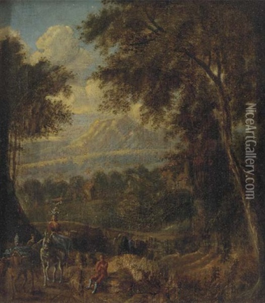 A Mountain Landscape With Travellers On A Wooded Track Oil Painting - Jan Frans van Bloemen