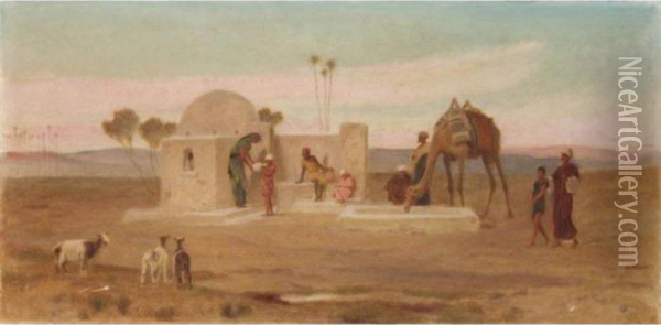 The Wayside Well And Water Trough Near Cairo; Shepherds At Gizeh Oil Painting - Frederick Goodall