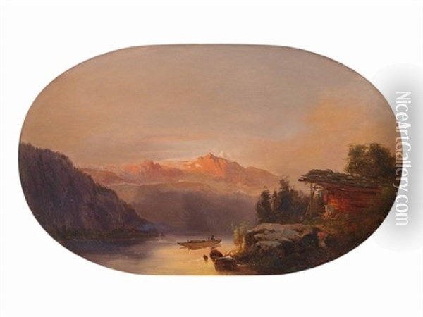 Gebirgslandschaft Im Abendrot Mit Ruderboot Und Holzhutte Am Ufer Oil Painting - Amanda Bergstedt