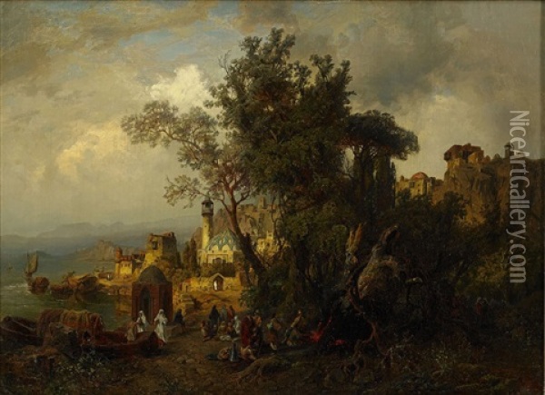 A Settlement Said To Be On The Kura River In Georgia Oil Painting - Paul Von Franken