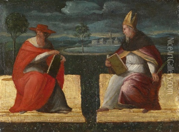 Zwei Bischofe Oil Painting - Andrea Schiavone
