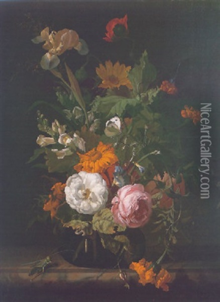 A Still Life Of Roses, Marigolds And Other Flowers In A Glass Vase, With A Grasshopper, Dragonfly And Caterpillars On A Marble Ledge Oil Painting - Rachel Ruysch