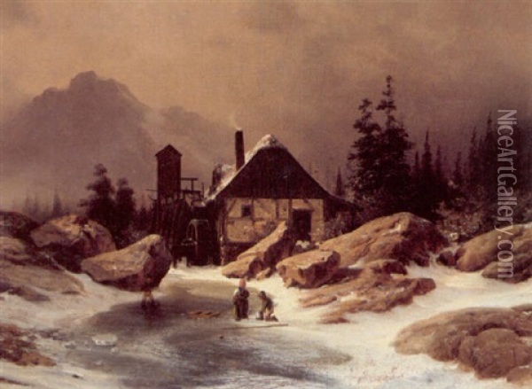 Skojtelobende Born Ved En Vandmolle I Alperne Oil Painting - Georg Emil Libert