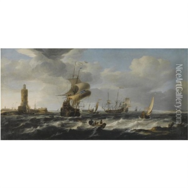 A River Estuary With Dutch Shipping In A Stiff Breeze, A Lighthouse To The Left Oil Painting - Jan Theunisz Blankerhoff