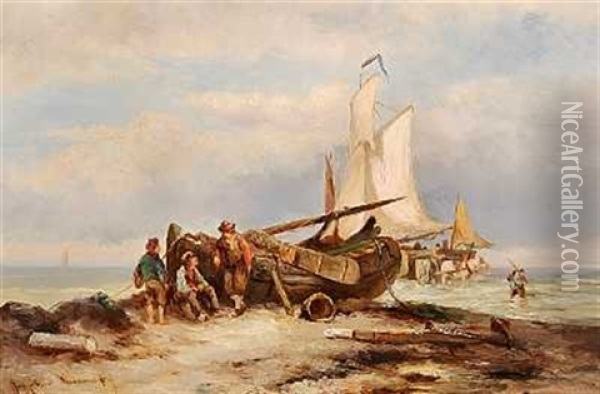 Strandparti Med Fiskere Der Hviler Sig Ved Baden Oil Painting - Johannes Hermanus Barend Koekkoek