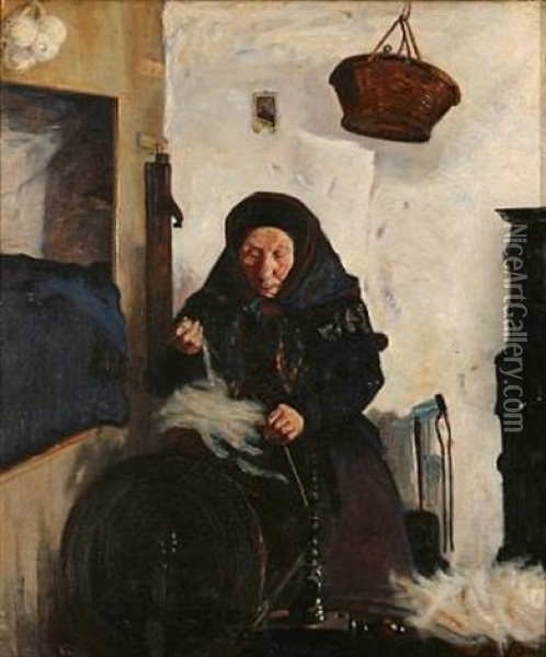 Bondekone Ved Sin Rok. Mors Oil Painting - Fridolin Hans Johansen