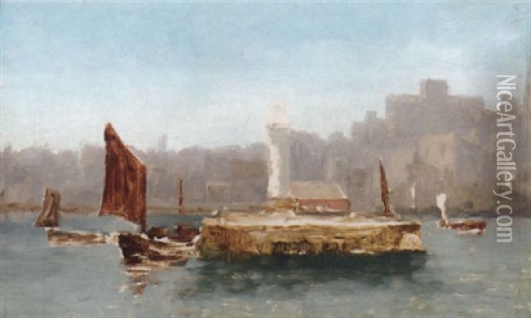 Barges In A Harbour Oil Painting - Edwin Hayes