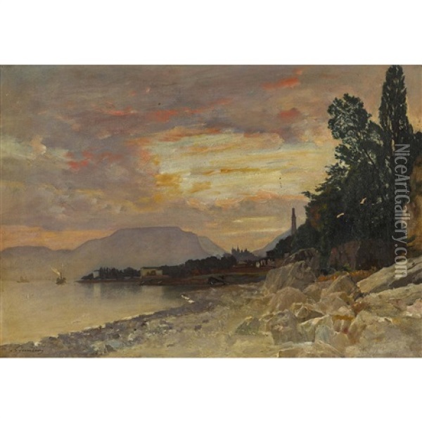 Seeuferlandschaft Im Abendrot Oil Painting - Gustave Jeanneret