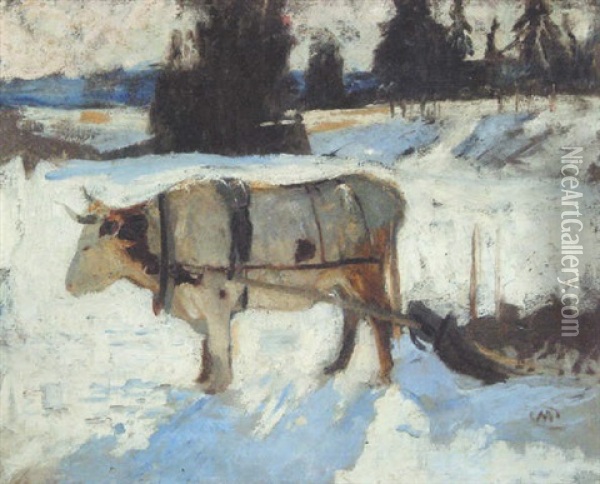 Ox In Snow Oil Painting - Maurice Galbraith Cullen