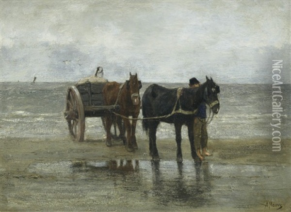 Horses And Cart On A Beach Oil Painting - Anton Mauve