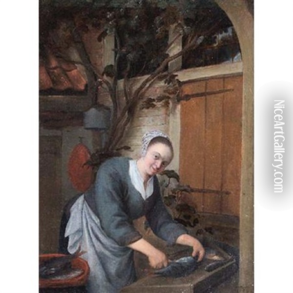 A Young Maid Cleaning Fish (after Adriaen Van Ostade) Oil Painting - Gerrit Zegelaar