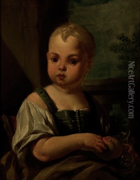 Portrait Of A Child Holding Fruit Oil Painting - Antonio Mercurio Amorosi
