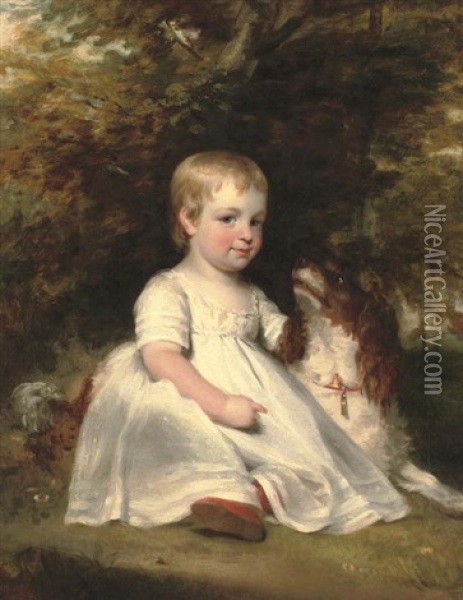 Portrait Of A Young Boy, Full-length, In A White Dress And Red Shoes, With A Spaniel In A Landscape Oil Painting - Sir John Hoppner