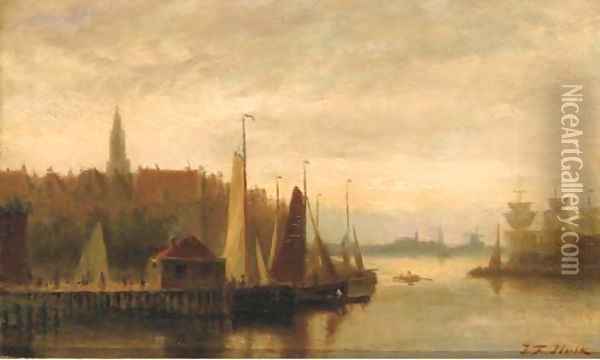 View of a harbour town at dusk Oil Painting - Johannes Frederik Hulk