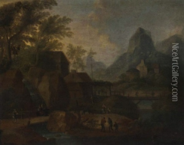 A Mountainous Wooded River Landscape With Anglers In The Foreground Oil Painting - Joos de Momper the Younger