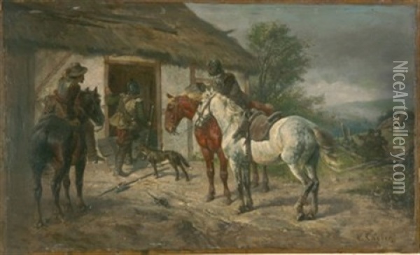 Soldaten Vor Einer Bauernhutte Oil Painting - Wilhelm Karl Raeuber