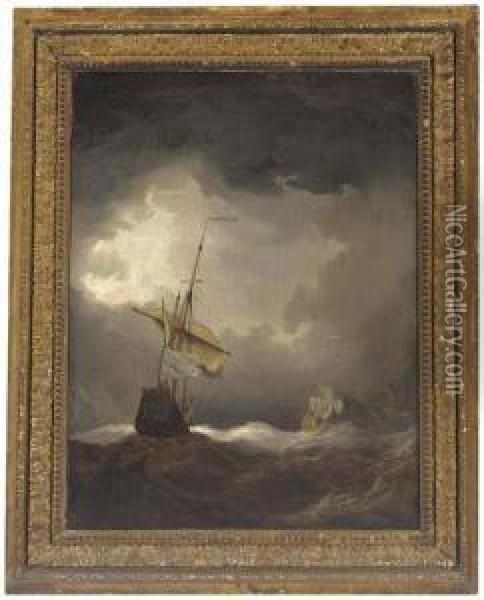 French And British Men-o'war In A Swell After Dark Oil Painting - Joris van der Haagen or Hagen