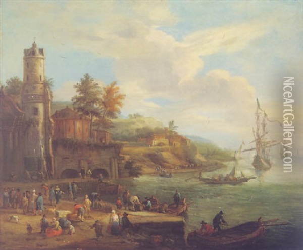 Mediterrranean Harbour Scene With Figures Loading And Unloading Barrels On A Quay, Others Resting Near By Oil Painting - Pieter Bout