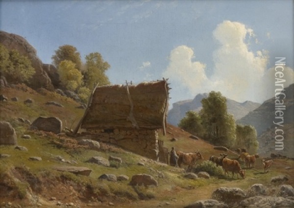 Milkmaid With Cattle By A Summer Farm Oil Painting - Knud Andreassen Baade