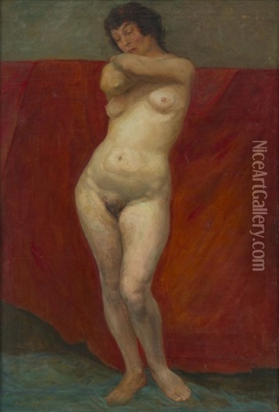Nude On The Red Curtain Oil Painting - Roman Kramsztyk