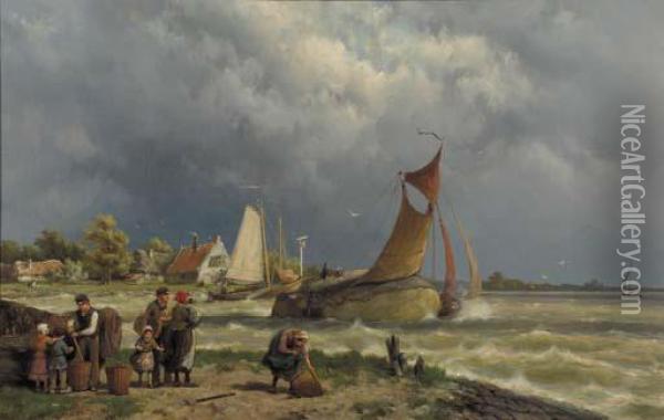 A Haybarge Setting Out In A River Estuary With A Stormapproaching Oil Painting - Johannes Hermann Barend Koekkoek