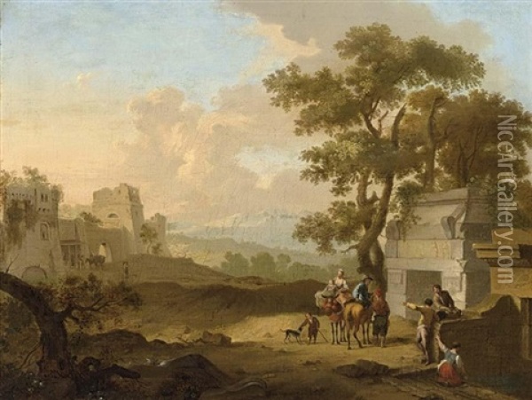 A Italianate Landscape With Travellers Conversing Before A Classical Tomb Oil Painting - Franz de Paula Ferg