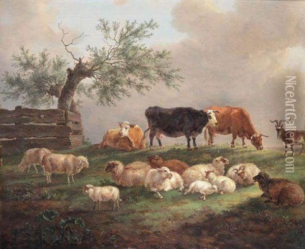 Koeien, Bok En Schapen In De Wei Oil Painting - Jean-Baptiste De Roy