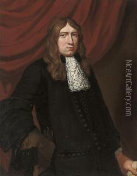 Portrait Of A Gentleman, Half-length, In A Black Coat, Wearing Ahawking Glove Oil Painting - Pieter Nason