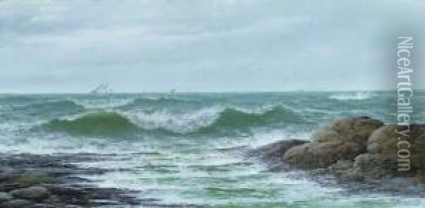 Crashing Waves At Mount Bay Cudder Point Oil Painting - David James