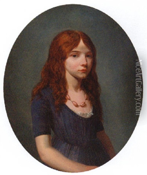 Portrait Of A Girl In A Blue Dress Wearing A Rose Quartz Necklace Oil Painting - Francois Duval