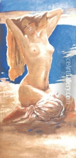 Nu Sur La Plage Oil Painting - Leopoldo Metlicovitz