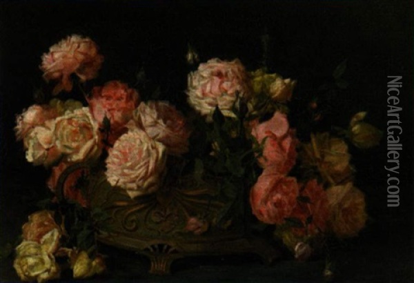 Still Life With Roses Oil Painting - Licinio Barzanti