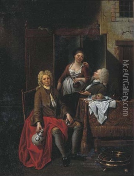 Two Gentlemen Seated At A Table, With Female Company Oil Painting - Jan Baptist Lambrechts