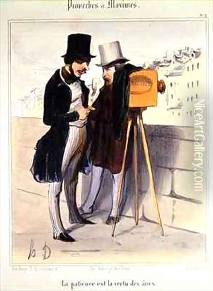 Cartoon ridiculing the length of time necessary to take a daguerrotype photo Oil Painting - Honore Daumier