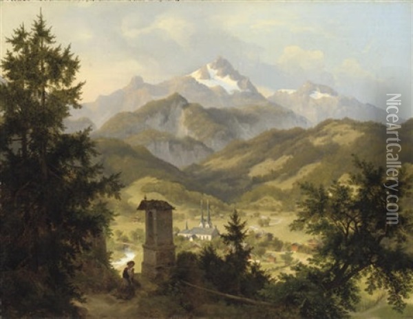 View Of Berchtesgarden And The Watzmann, Bavaria Oil Painting - Eduard Karl Biermann