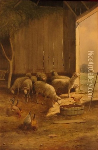 Sheep And Chickens Oil Painting - Reuben Le Grande Johnston