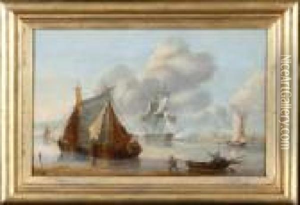 A Dutch Coastal View With 
Sailing Barges In The Foreground And A Frigate In The Middle Distance 
Firing A Time Signal. Oil Painting - Thomas Luny