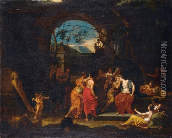 Amor Vor Einer Priaposherme, Seine Pfeile Auf Jugendliche Liebespaare Abschiessend Oil Painting - Nicolas Poussin