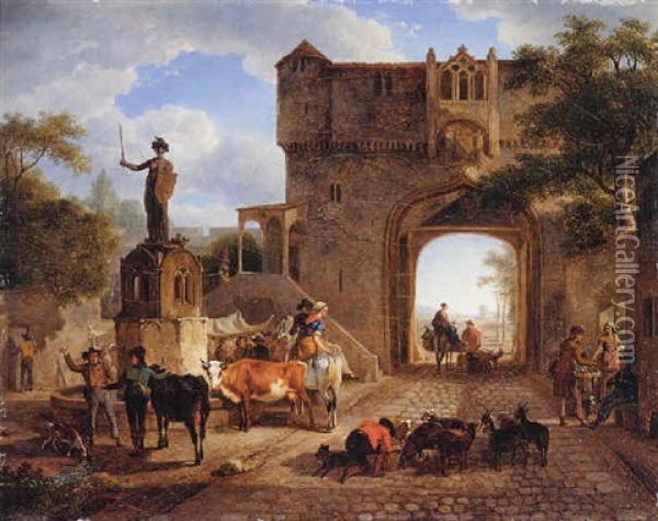 A Dairy-maid Watering Her Cattle Before The Gates Of A French Town Oil Painting - Jean-Louis Demarne